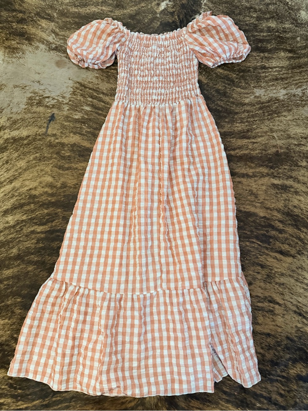 Peach Gingham Smocked Maxi Dress with Puff Sleeves